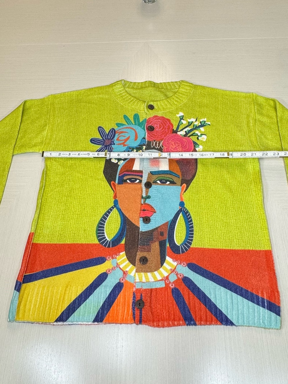Colorful Art Knit Sweater XL Abstract Face Floral Wearable Art Statement - Picture 6 of 9